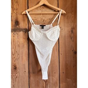 Sz M Forever 21 Sheer White Rhinestone Embellished Intimate Bodysuit NWOT